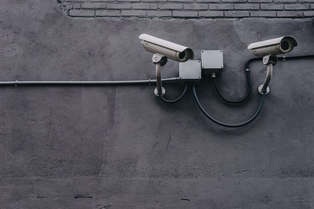 2 professional security cameras on wall