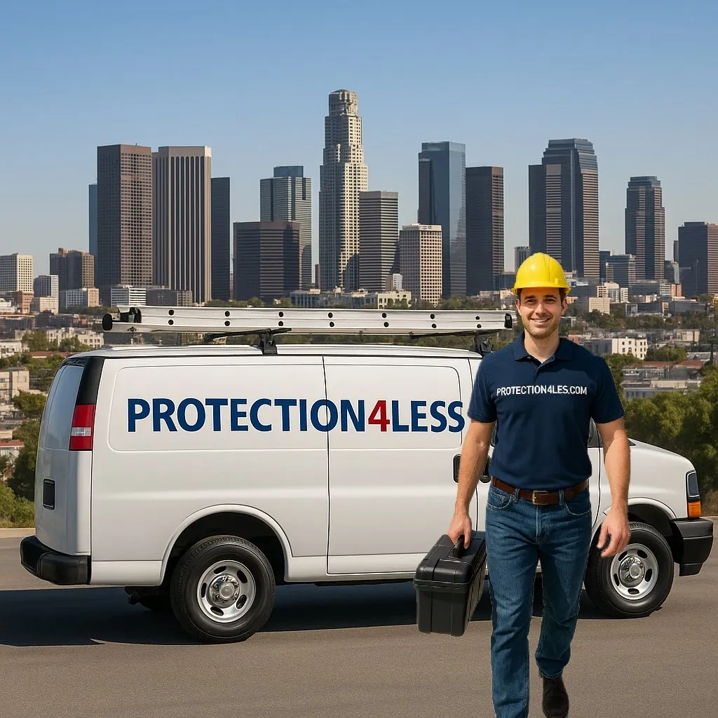 Professional security camera installer and a truck
