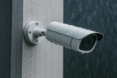 Weather proof camera on a building wall