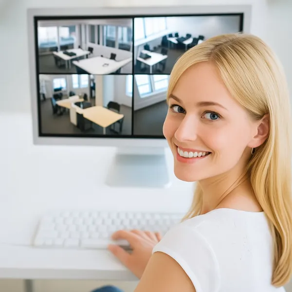 Woman watching cameras on a monitor smiling
