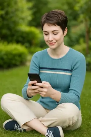 Housewife watching security cameras on her phone