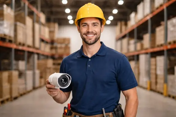 Installer working in Fullerton warehouse