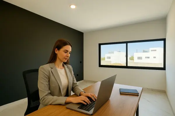 Lady at the office watching cameras remotely on Laptop
