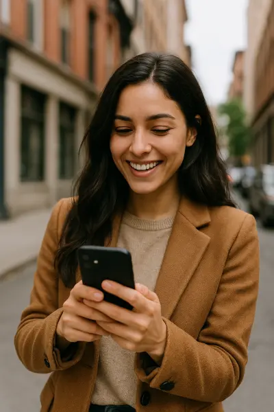 Lady watching her camera app on smartphone