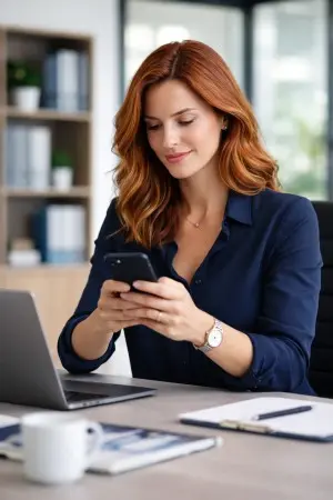 Red hair Woman getting remote acces on smartphone on Long beach