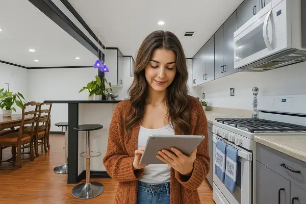 Remote access with tablet from a girl on her house kitchen