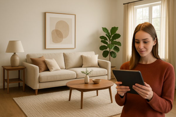 Woman viewing cameras on a tablet