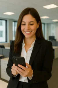 girl watching remotely cameras on smartphone