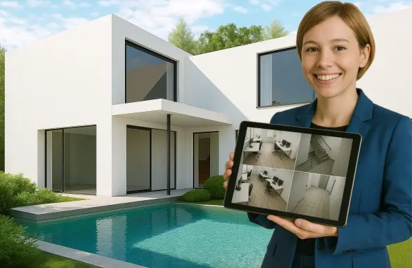 Lady holding a tablet showing security cameras