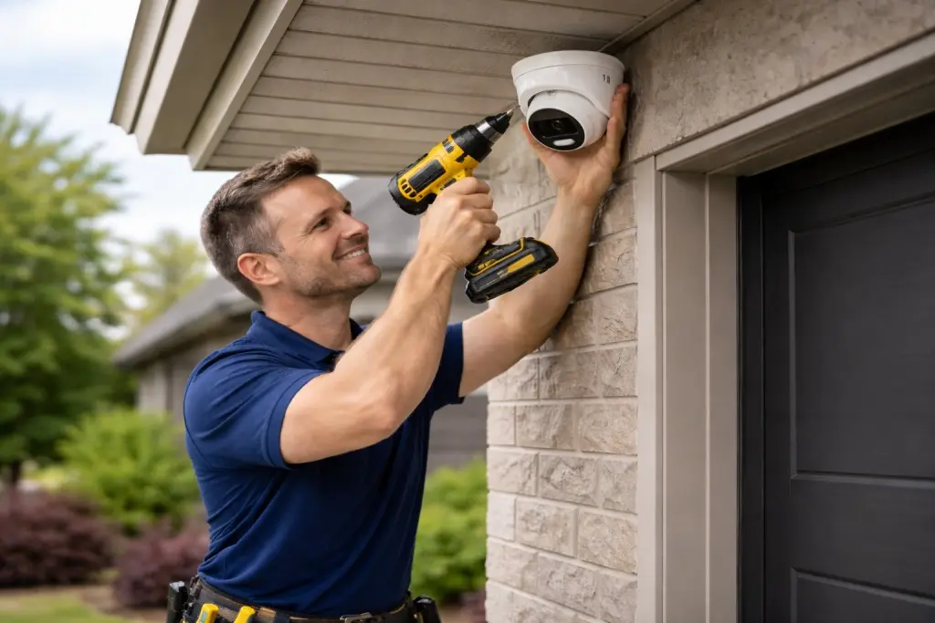 Installer installing one of the security camera packages