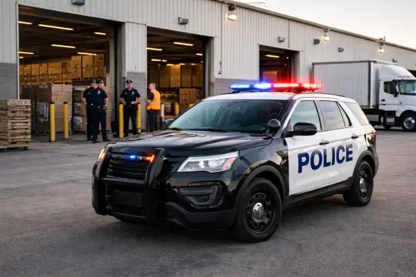 Police car outside of a Warehouse