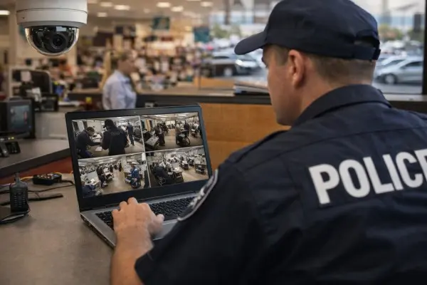 Police officer checking security camera footage