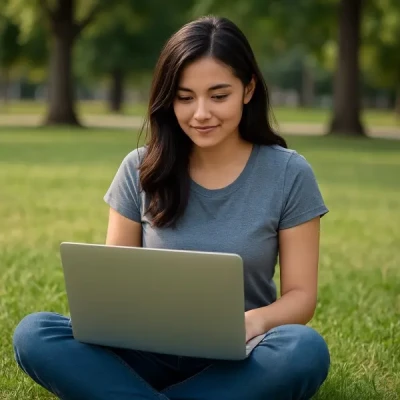 Woman in a park monitoring security cameras on a laptop