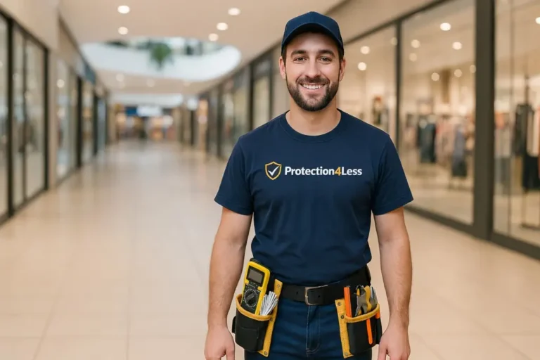 Security camera technician with tools in commercial shopping center
