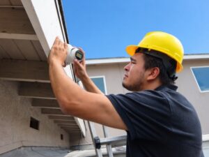 echnician installing security camera on ladder in La Mirada CA