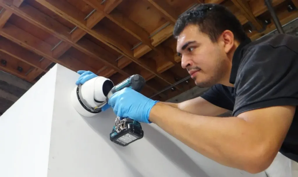 Technician installing a security camera system in a commercial property