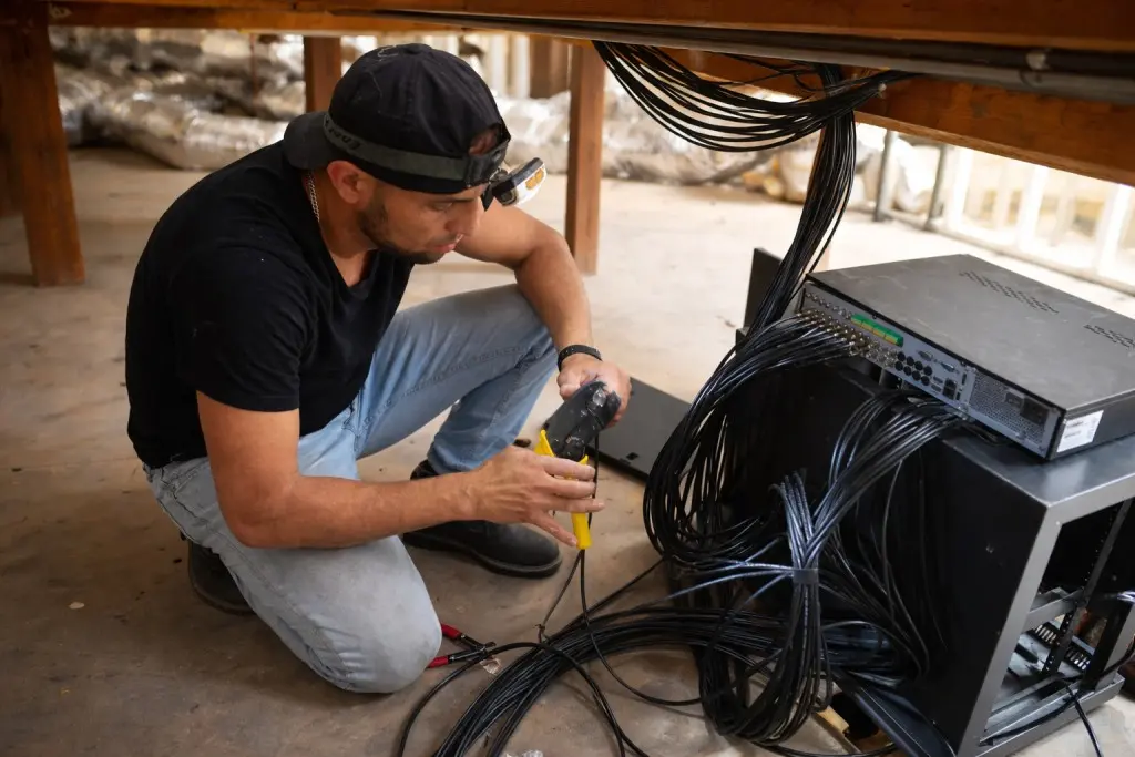 Technician installing security camera system wiring and DVR in Bellflower CA