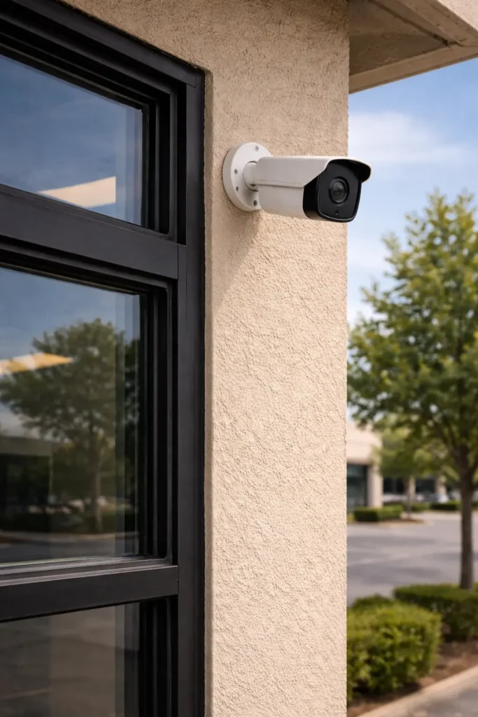Security camera installed near exterior window on commercial building in La Mirada CA