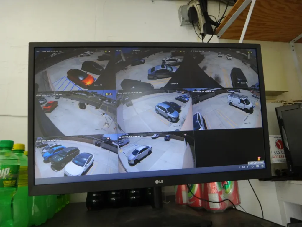 Monitor displaying multiple camera views after commercial security camera installation in Buena Park CA