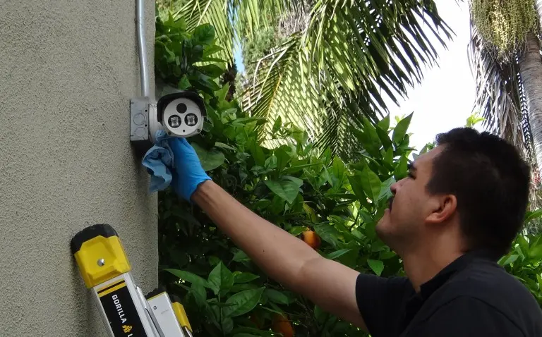 Technician cleaning and servicing a security camera during a residential security camera installation in Cypress CA