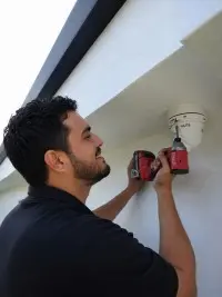 Security camera installer mounting a dome surveillance camera under a roof eave during a CCTV installation project.