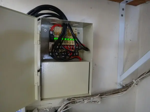 Security camera power supply distribution box installed during commercial camera installation