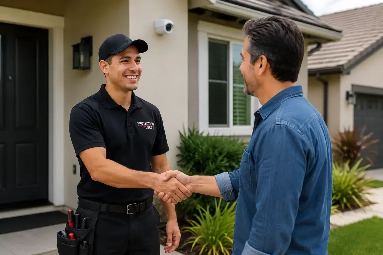 Security camera installer shaking hands with a homeowner after completing a residential installation