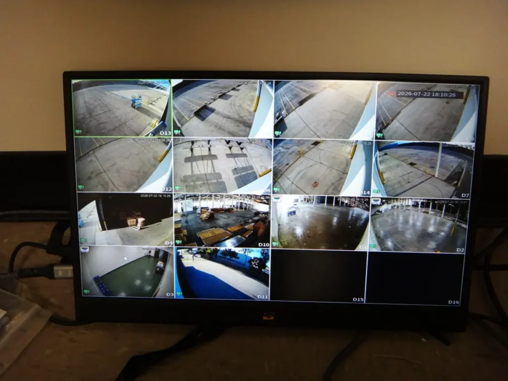 Live view of a 14-camera commercial security camera system after installation at a warehouse in Paramount, CA.