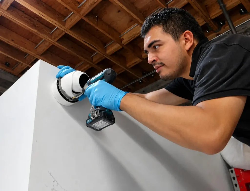 Protection4Less technician installing a residential security camera with professional workmanship and concealed wiring.