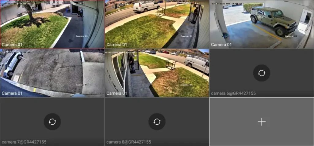Live security camera views displayed on the customer's smartphone after a residential security camera installation in Rowland Heights CA.
