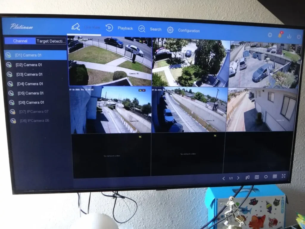 Live view of a completed 4K security camera system displayed on the NVR monitor