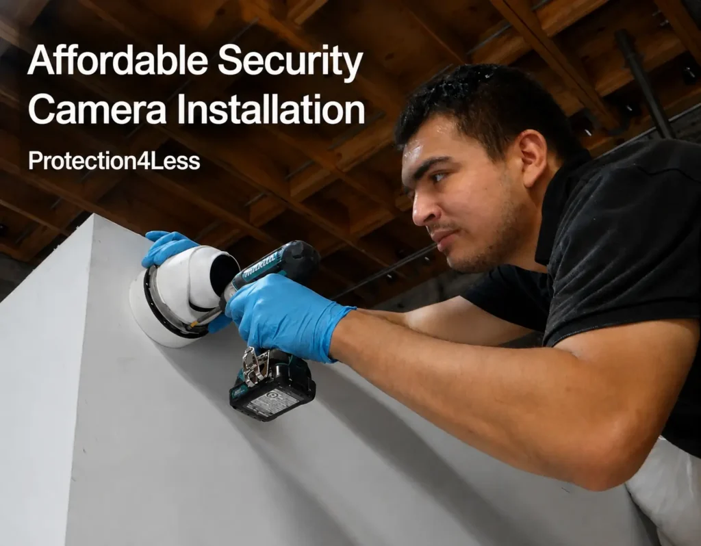 Professional technician installing a security camera for a residential or commercial property.